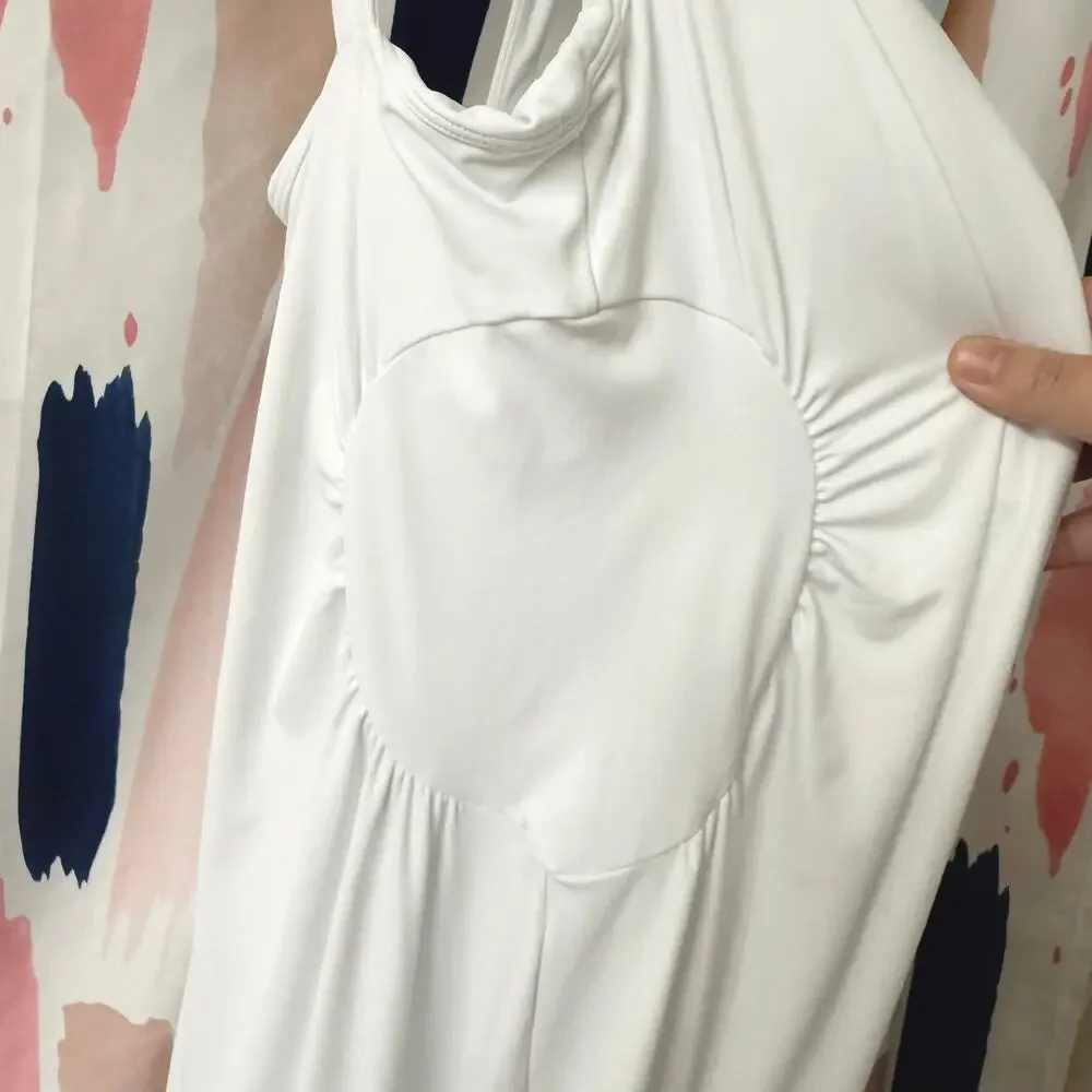 Halara Square Neck Ruched Split Midi Cool Touch Dress in White Size Large - Picture 10 of 16